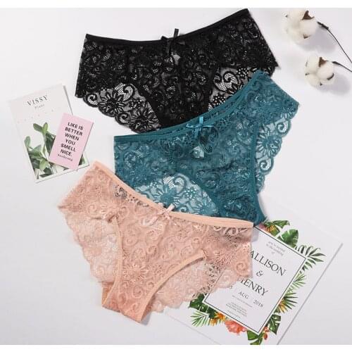 3pcs/Pack! Sexy Women Lace Panties Underwear Lace Briefs S M L XL Transparent Floral Bow Soft Lingerie