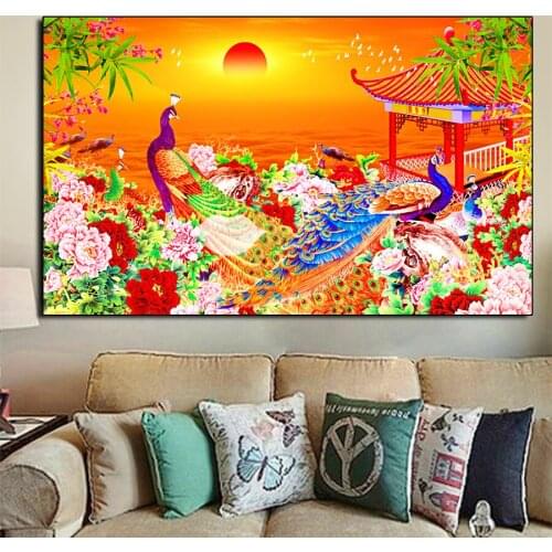 5D DIY Diamond Painting cross stitch Sunset peacock mosaic full square round diamond embroidery Bird house rhinestone Home Decor
