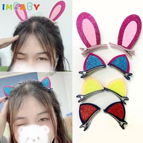 8 PCS/4 Pair Cute Hair Clips For Girls Korean Style Glitter Cat Ear Hairpin Rainbow Felt Fabric Headwear Kids Hair Accessories