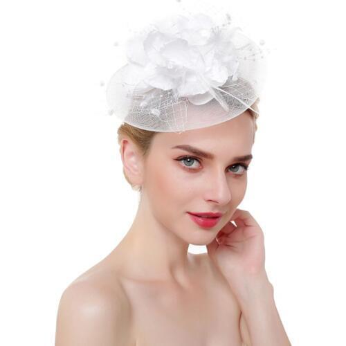 Ladies Derby Netting Mesh Big Blooming Flowers Feather Fascinator Hat Pompom Beaded Tea Party Wedding Bridal Hair Clip Headwear