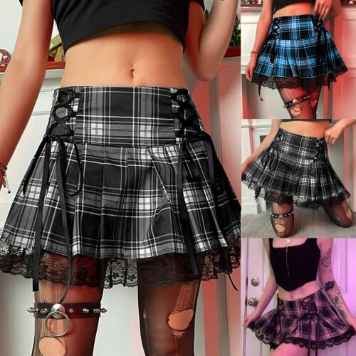 Womens High Waisted A-line Lace Skirt Short Flare Mini Plaid Pleated Skirt Mini Short Skirts Saia Feminina