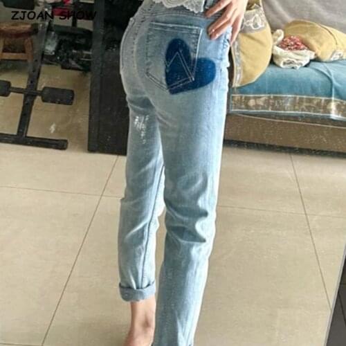 CHIC Korea Clothing Love Graphic Retro Jeans Woman Autumn High Waist Hidden Buttons Trousers Casual Vintage Denim Pants