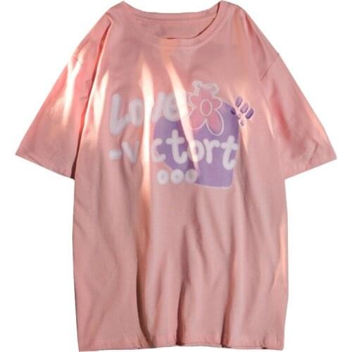 ZuoLunOuBa Summer Casual Women T Shirt Print Letter Love Victor Harajuku Lady Cotton Tees Loose Short Sleeve Pink Tops Female