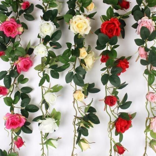 JAROWN Artificial Flowers Fake Silk Rose Flower Vine With Green Leaves For wedding Home Party Decoration Hanging Garland Decor