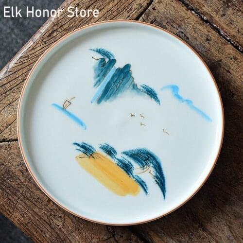 Ceramic Dry Bubble Tray Tea Tray Hand-painted Landscape Tea Tray Kung Fu Tea Tray Maintenance Pot Tray Tea Ceremony Accessories