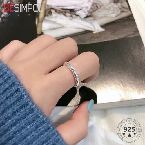 Besimpol Real 925 Sterling Silver Small Thin Rings Minimalist Style Tin Foil Texture Ring for Women Fashion Silver Ring Jewelry