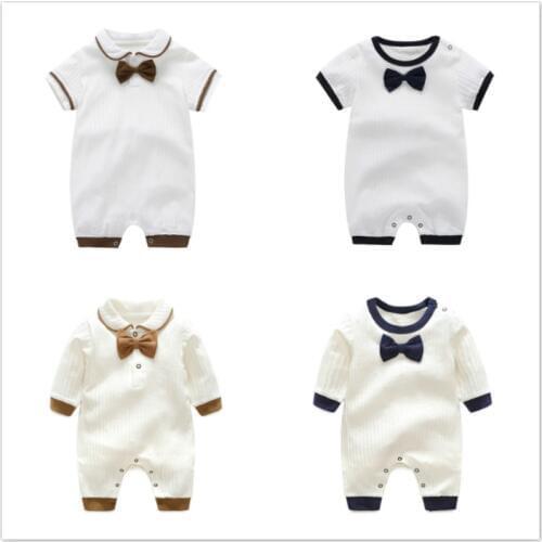 Newborn Baby Girls Jumpsuit One Pieces Outfits Bowknot Infant Dresses Gentleman Toddler Short Sleeve Rompers Cotton Boys Clothes