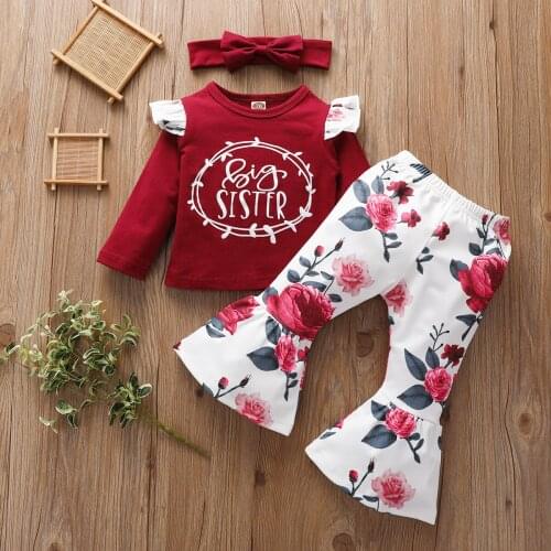 Newborn Baby Girls Clothes Sets Ruffles Letter Printing Long Sleeve T Shirt Tops Flared Pants Trousers Headband Outfits Clothes