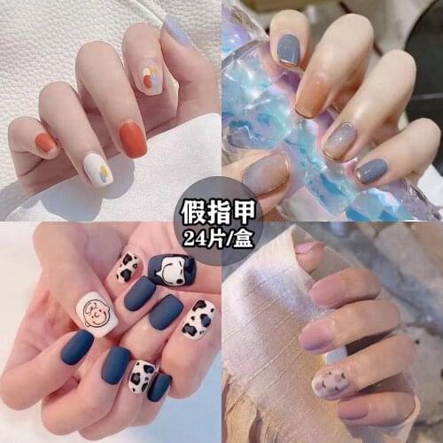 24pcs Hit Color False Nails 40 Styles INS Cute Cartoon 40 Styles Fake Nails Jelly Finger Nail Manicure Decoration Nail With Glue