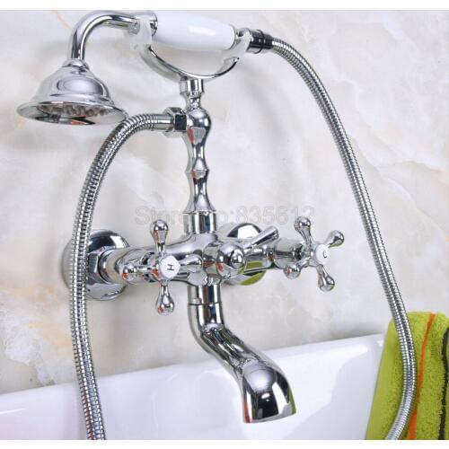 Wall Mounted Bathtub Faucet Clawfoot Bath Tub Mixer Tap Set Hand Shower Polished Chrome Dual Handles tna188