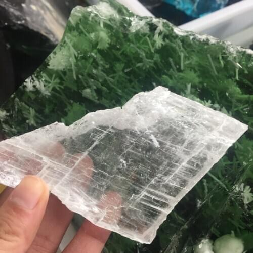 Natural white rough selenite crystal slab transparent gypsum specimen