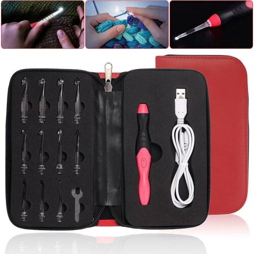 New 12 In 1 USB Charging LED Light Up Crochet Hook Set Knitting Needles Weave Sewing