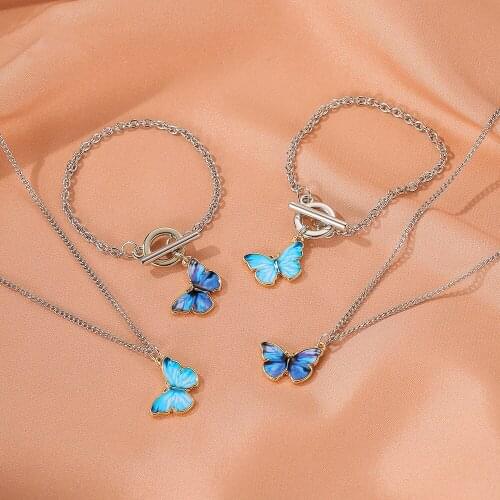 POPACC Summer New Ins Gradient Butterfly Necklace Color Charm Couple Clavicle Chain Butterfly Bracelet