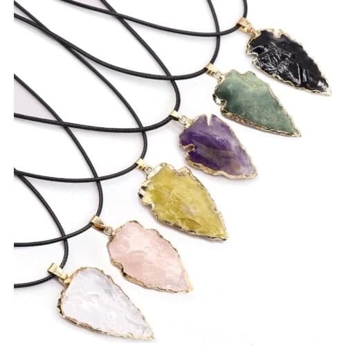 Retro Mineral Raw Arrowhead Pendant Black Obsidian Crystal Necklace Healing Natural Onxy Agat Amethysts Quartz Pendant Necklace
