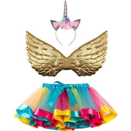 Tutu Skirt + Wing + Horn Headwear Childrens Suits Halloween Costumes for Kids Girls New Year Christmas Unicorn Costume