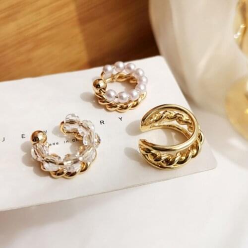 Chic Gold Silver Color Double Circle Pearl Ear Cuff Fake Piercing Clip on Earrings For Women Lovely Beaded Ear Clips Earrings