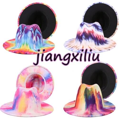 Tie-dyed woolen hat colorful womens fedora hat stage performance jazz hat outdoor big brimmed hat wholesale felt hat