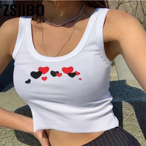Vintage Streetwear Tank Y2K Fashion Summer Straped White Crop Tops Kawaii Outfits Cute Vest clothes Heart Pattern Sleeveless