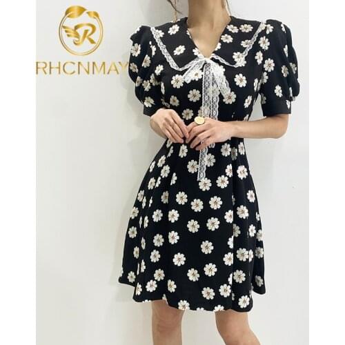 Korea New Womens Lace Bow Peter Pan Collar Dress Ladies Small Daisy Printed Dresses Summer Girl Student Vestidos Women Clothes