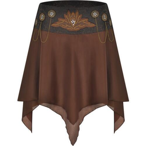 Vintage Brown Chains Steampunk Gothic Skirt Women Irregular Sexy High Waist Party Skirts Asymmetrical Embroidery Cool Mini Skirt