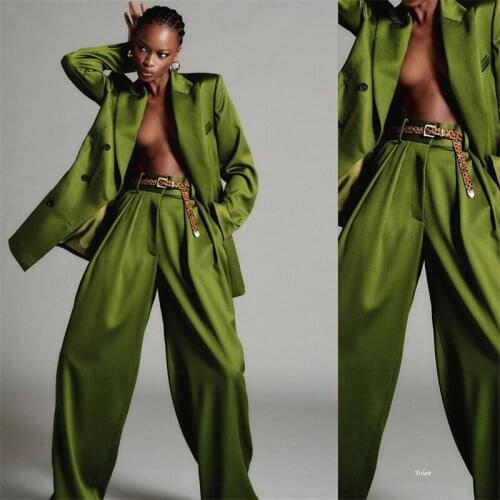 Avocado Green Women Suits 2 Pieces Party Suit With Leopard Belt Fashion Coat+Wide Leg Pants