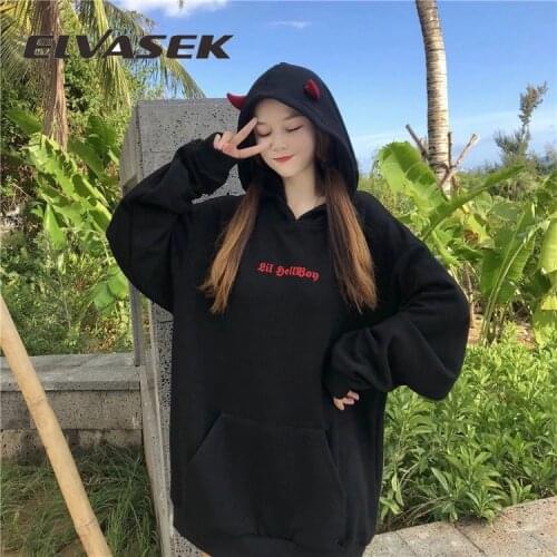 Harajuku Women Sweatshirts Little Devil Horns Gothic Hooded Sweatshirts Demon Fly Wings Loose Pullovers Pocket Tops Streetwear