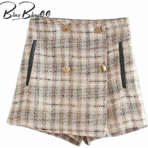 BlingBlingee Za 2021 Autumn Woman Traf Skorts Double Breasted Side Zipper High Waist Tweed Woolen Patchwork Casual Plaid Shorts