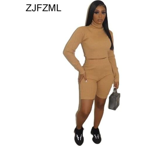 Elastic Hight Ribbed Sexy Two Piece Set Tracksuit for Women Turtleneck Long Sleeve Crop Top and Biker Shorts Lounge Wear Outfits