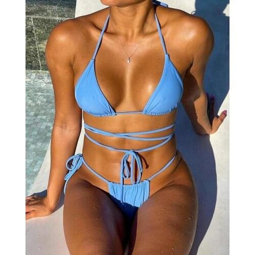 FUFUCAILLM Womens Swimsuit Backless Wrapped Straps Halter Triangle Cup Padded Bra + Side Tie-up Panties for Summer Bikini 2021