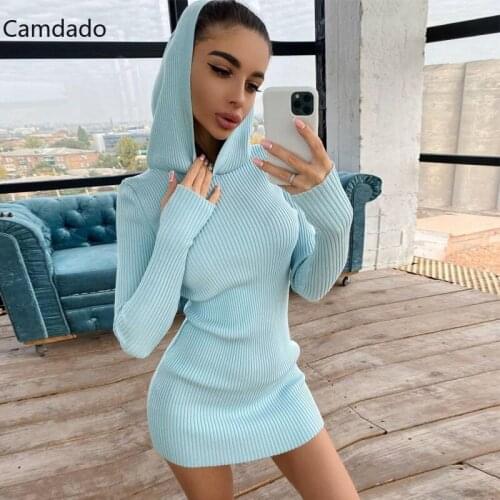 Solid Knitted Casual Hooded Mini Dresses for Women Long Sleeve Slim Bodycon Autumn Solid Sexy Elegant Streetwear Outfits Y2K