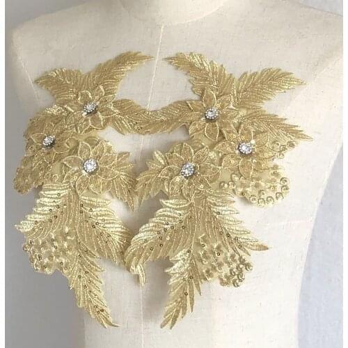 1 pair 3D Gold Sequins floral Lace Applique Rhinestone Lace Patch For DIY Sewing Costume Prom Evening Dress Bridal Gown Wedding