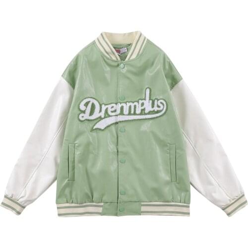 Baseball Jacket Men Retro Color Block Furry Patch Leather Bomber Coat Autumn Baggy High Street College Style Streetwear