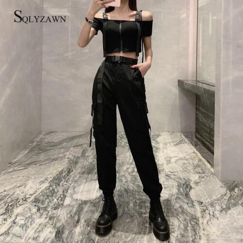 Autum Women Streetwear Black Army Cargo Pants Hip Hop Sashes Trousers BF Harajuku Joggers High Waist Overalls Loose Casual Pants