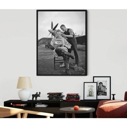 Black White Hair Salon Decor Vintage Photo WW2 Pilot Haircut Poster Prints Barber Shop Wall Art Canvas Painting Hairstylist Gift