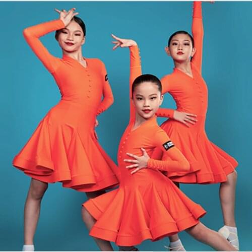 Kids Girl Standard Professional Competition Latin Dance Dress Button Design Dress Ballroom Rumba Samba Latin Performance H9193-1