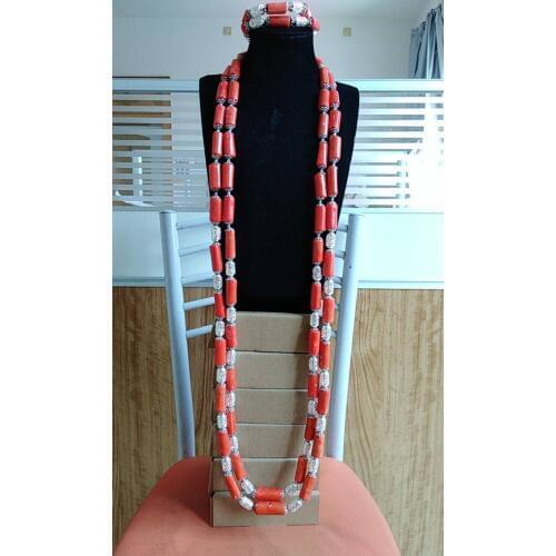 Dudo Jewelry Mens Nature Coral Beads Necklace Set With 2 Pics Bracelet Nigerian Wedding Groom Jewelry Sets Free Shipping Orange