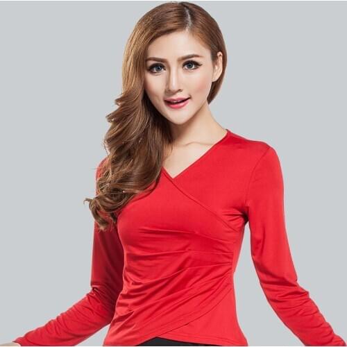 Sexy Women Dance Shirt Tops Ballroom Modern Salsa Tango Samba Latin Training Shirts V-neck Female Adult Dancewear Tops Black/Red