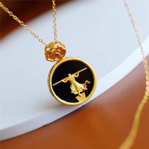 Natural Hetian Jade Qi Tian Da Sheng Dark Jade Pendant Womens Round Brand Chinese Style S925 Sterling Silver Gilding Ruyi Neckl