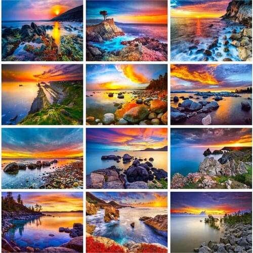 HUACAN Full Square/Round Diamond Painting Landscape Sunset Pictures Of Rhinestones 5D Diamond Embroidery Seaside Mosaic Wall Art