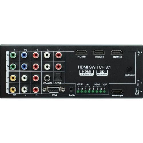 All to HDMI converter switcher box HDMI composite AV component Ypbpr VGA to HDMI converter with remote control 8 in 1 switch