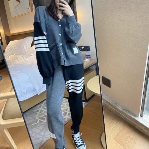 Two Piece Set Women Outfits Plus Size Sets Top Clothing Pant Suits Vacation Clothes New Spring 2021 Korea Style Striped Cardigan