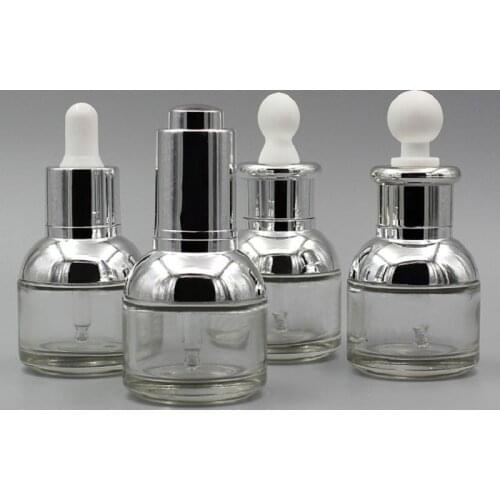 NEW ARRIVAL 30ml transparent glass bottle with silver shoulder and silver collar white bulb glass bottle dropper bottle