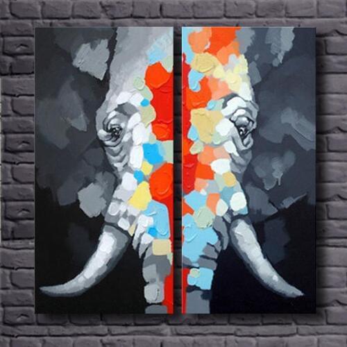 Colorful Elephant Animal Oil Painting 100% Hand Painted 2 Panel Canvas Wall Art Modern Oil Painting Unframed Canvas Painting