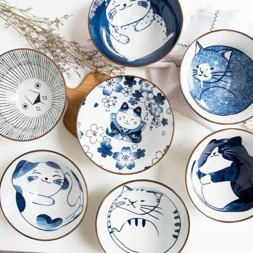 Creative ceramic Japanese style and wind underglaze hand-painted Japanese tableware cat rice bowl ramen bowl dish