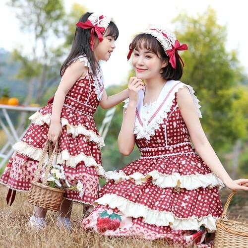 Sleeveless Sweet Lolita Dress Strawberry Cherry Floral Cake Dress Suit for Girls Woman