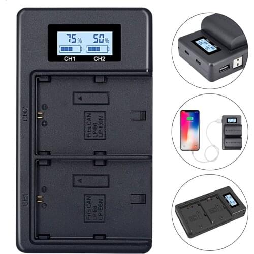 Multifunctional LP-E6 LP-E6N battery charger with LCD display for Canon EOS 5D, 5D Mark II III IV, 5DS R, 6D, 7DS, 60D, 70D, 80D