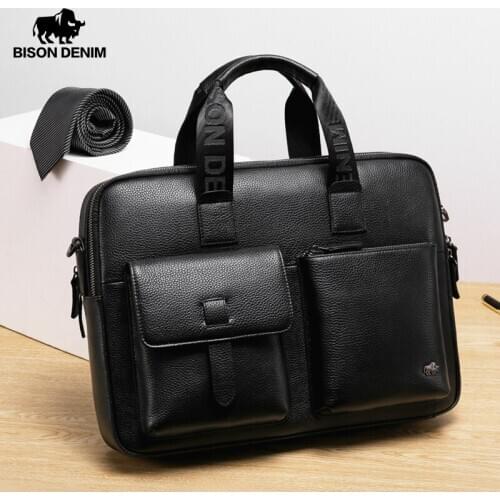 Bison Denim Brand Men Bag Genuine Leather Handbag Male 14 inch laptop Bag Briefcase Classic Black Crossbody Shoulder Bag