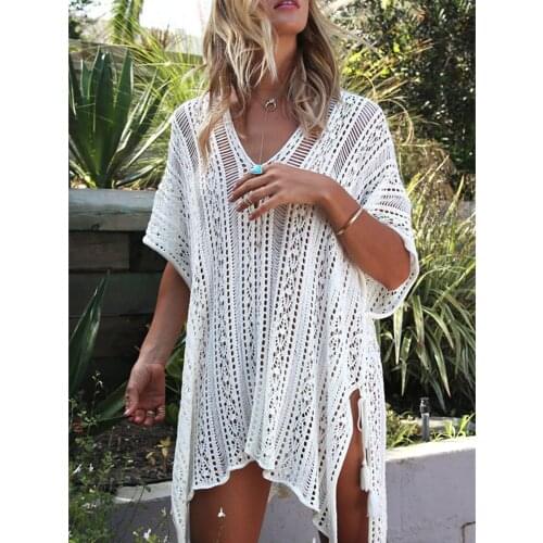 2021 New Summer Women Bikini Cover Up Solid Color Hollow Crochet Swimsuit Cover-Ups Bathing Suit Beachwear Tunic Beach Dress Hot