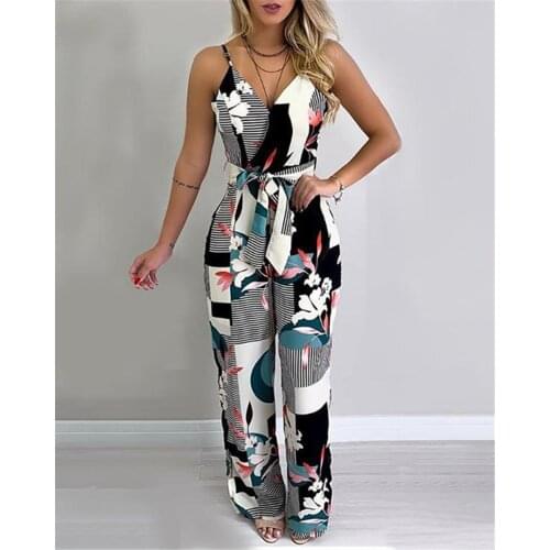 2021 New European And American Women Printed Jumpsuit Sexy Suspenders Temperament Wide Leg Jumpsuit Women