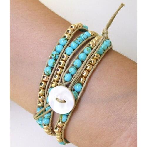 New Arriver Crystal Bracelet Round Turquoises Gold Beads Wrap Brangle Line Wrap Woven Button Handmade Fashion Jewelry